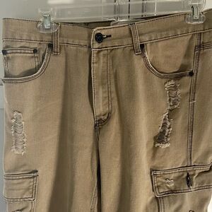 FUSAI Mens Shorts Size 34 Beige Cotton Studded Zipper Heavy Distressed Cargo